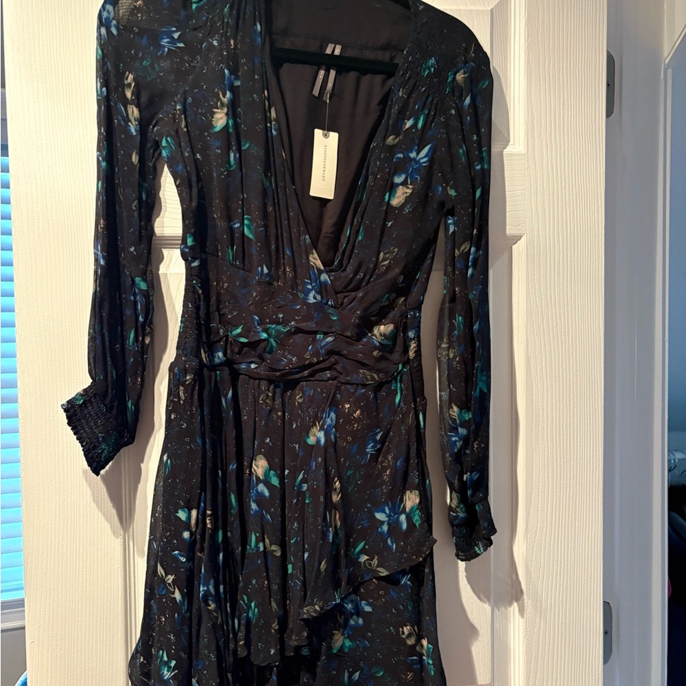 Elegant Long Sleeve Floral Dress in Black and Blue